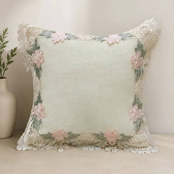 Beige floral linen cushion cover with pink embroidery and crochet lace border 16x16 inch