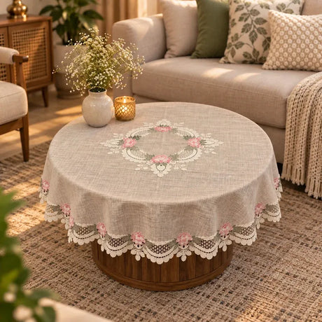 lifestyle image of round linen table cover