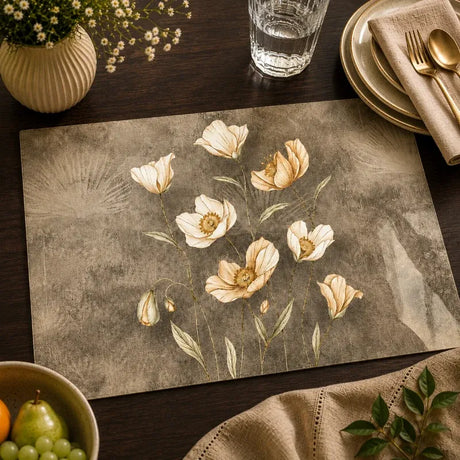 A rectangular placemat with a vintage-style floral print featuring cream-colored flowers and green stems on a textured taupe-brown background, styled on a dark wooden table with a glass of water, gold plates, and a small vase of flowers.