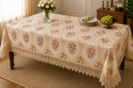 Corner of a floral dining table cover with a wide beige lace border, pink rose bouquets and cream scroll pattern on a blush base