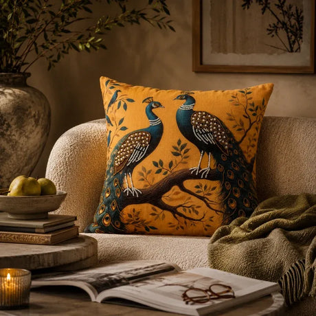 Decorative pillow with peacock design on a couch in a cozy living room setting.