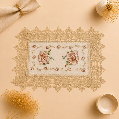 Beige Floral Embroidered Lace Placemat
