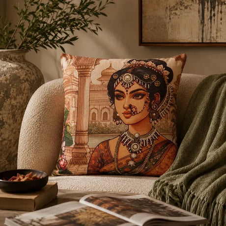 Decorative pillow with an illustration of a woman in traditional attire on a couch.