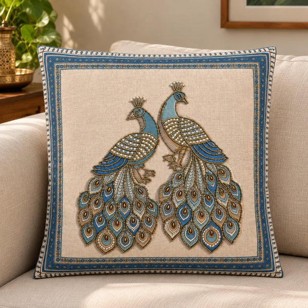 Mayurika Blue Peacock Embroidered Cushion Cover – 16x16 Inch