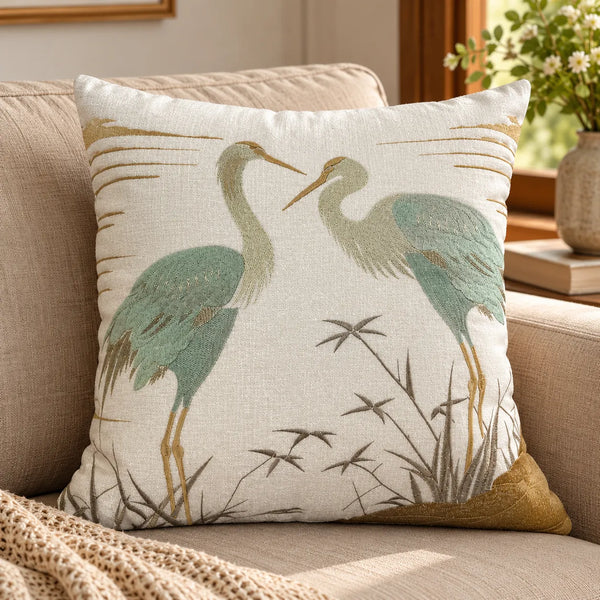 16 x 16 Inch Swan Embroidered Cotton Linen Cushion Cover – Ivory & Sage