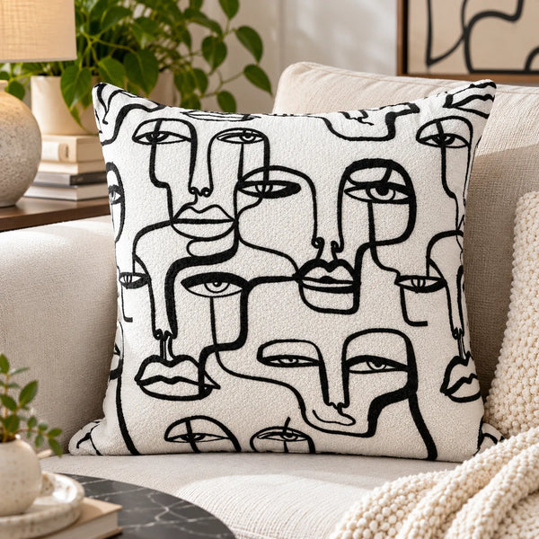 Monochrome Abstract Face Cotton Cushion Cover – 16x16 Inch