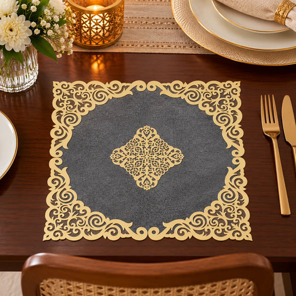 Noirelle Gold Filigree Square Table Mats 12x12 Inch – Set of 2, 4 & 6