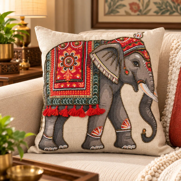 Rajvansh Royal Elephant Beaded Cushion Cover – 16x16 Inch
