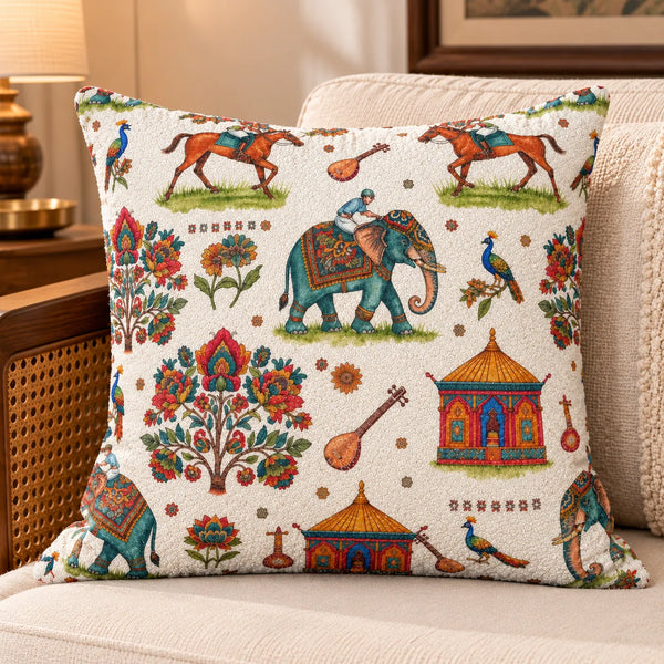 Rajwadi Heritage Elephant & Peacock Printed Cotton Cushion Cover – 16x16 Inch
