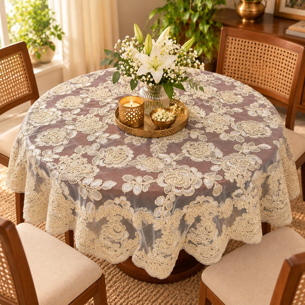 Roselle Ivory Floral Lace Round Table Cover – 40 Inches