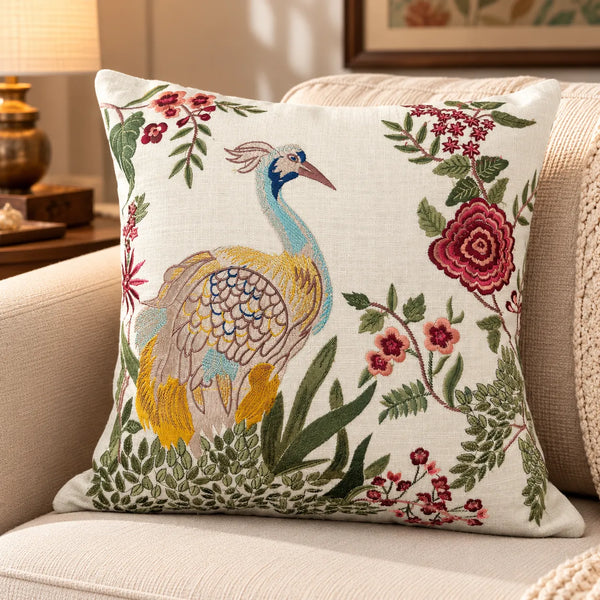 Mayura Bloom Bird Embroidered Cushion Cover – 16x16 Inch