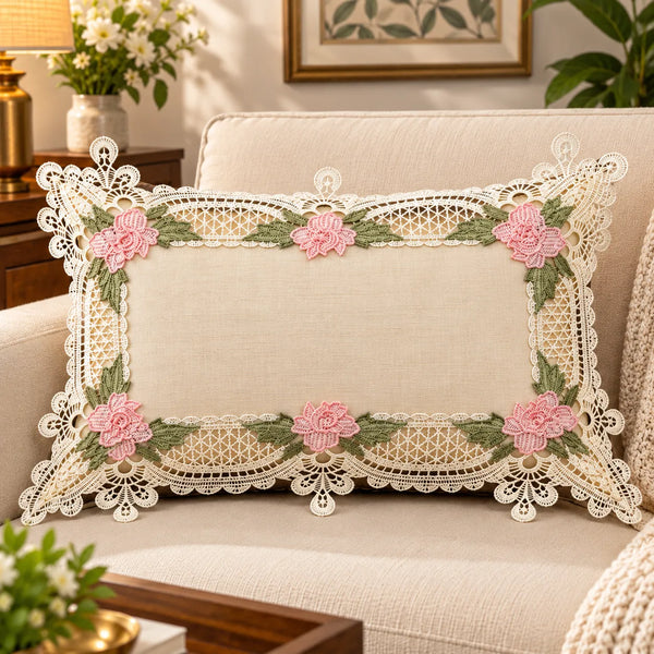 Rosabelle Ivory Cushion Cover with Pink Floral Lace 12x18 inch