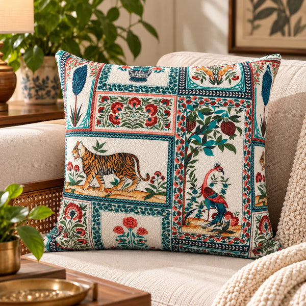Vantara Tiger & Peacock Printed Cotton Cushion Cover – 16x16 Inch
