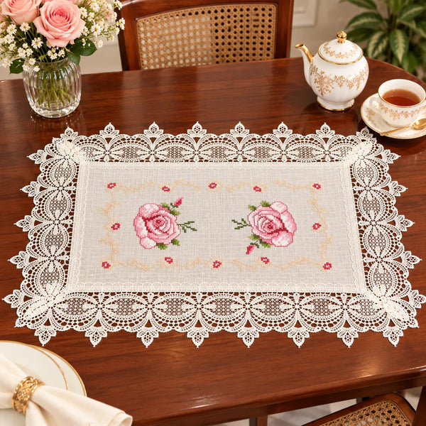 Rosavelle Pink Rose Embroidered Lace Table Mat  12x18