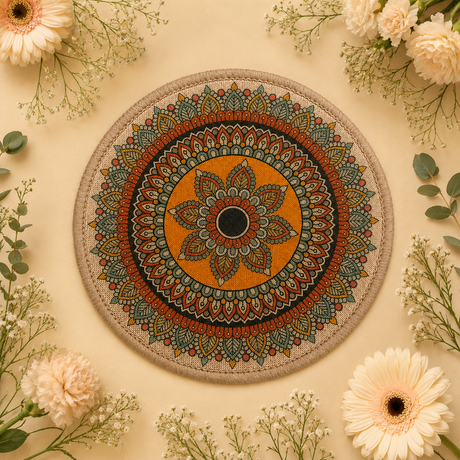 Decorative mandala plate with flowers and greenery on a beige background