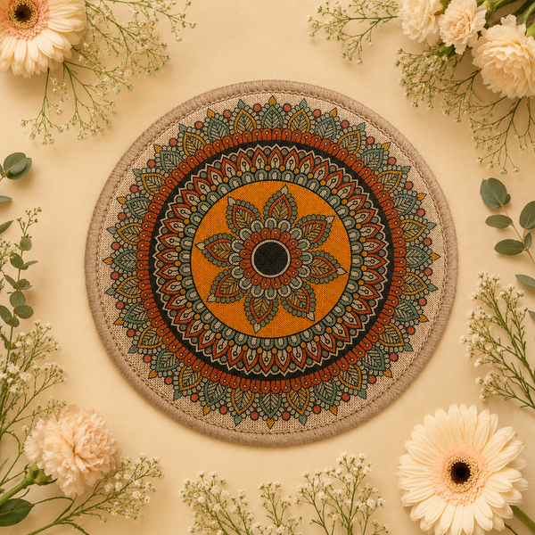 Decorative mandala plate with flowers and greenery on a beige background