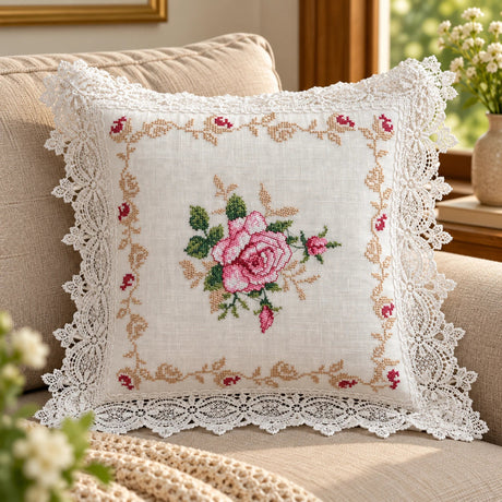 White embroidered cushion cover with pink rose design and decorative white lace border styled on a beige sofa