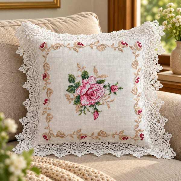 White embroidered cushion cover with pink rose design and decorative white lace border styled on a beige sofa