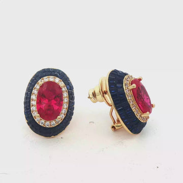 Ruby-Red & Sapphire-Blue CZ Halo Stud Earrings, Gold-Plated – 2 cm