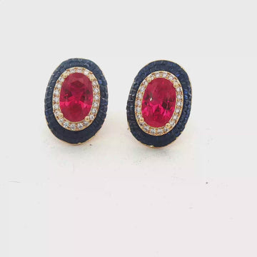 Ruby-Red & Sapphire-Blue CZ Halo Stud Earrings, Gold-Plated – 2 cm