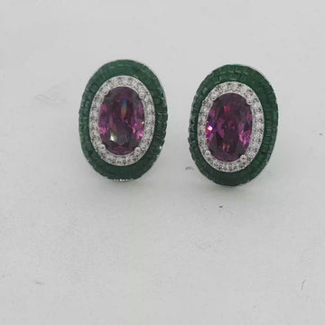 Purple & Emerald-Green CZ Double Halo Stud Earrings, Gold-Plated – 2 cm