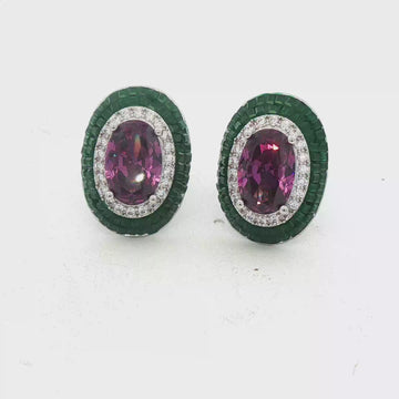 Purple & Emerald-Green CZ Double Halo Stud Earrings, Gold-Plated – 2 cm