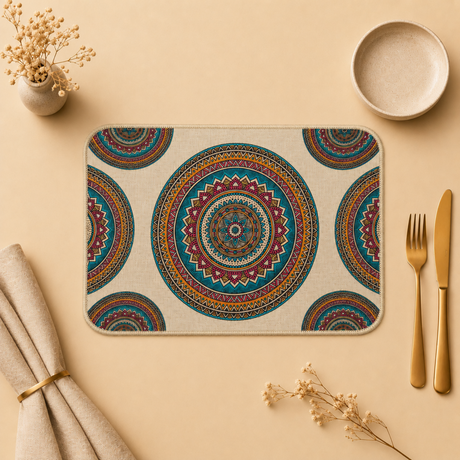 Colorful mandala-patterned placemat on a beige surface with cutlery and decor items.