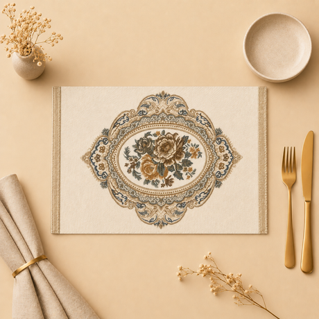 Decorative placemat with floral design on a beige surface with cutlery and napkin.